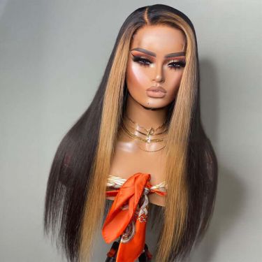 Honey Blonde Skunk Stripe Straight Human Hair Wigs With Highlights Lace Closure Wig