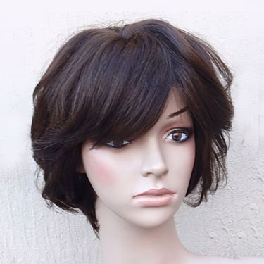 Glueless Short Brown #2 Human Hair Lace Front Bob Wig with Bangs