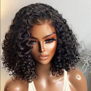 Glueless Curly Bob Wigs Natural Black Lace Front Wig Human Hair 180% Density