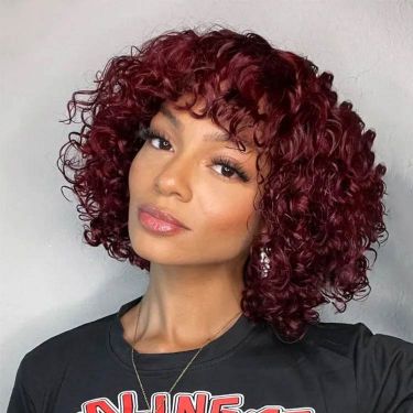 Glueless Burgundy Color Short Curly Bob Wigs with Bangs Lace Front Wig