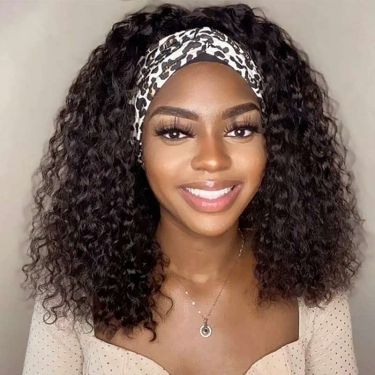Headband Wig For Black Women Brown Curly Human Hair Glueless Wig