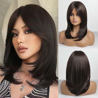 Layered Cut Dark Brown Human Hair Wigs with Bangs Lace Front Wig