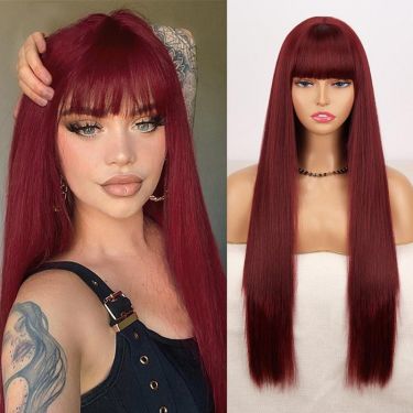 Long Straight Burgundy Color Lace Front Wig With Bang Human Hair