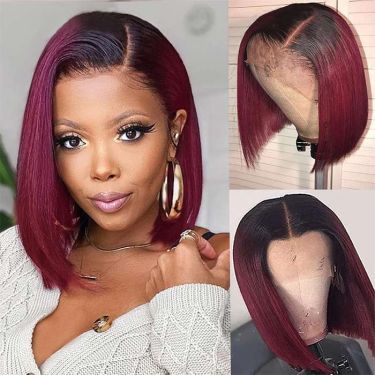 Burgundy Ombre Color Straight 5x5 Closure Lace Glueless Short Wig
