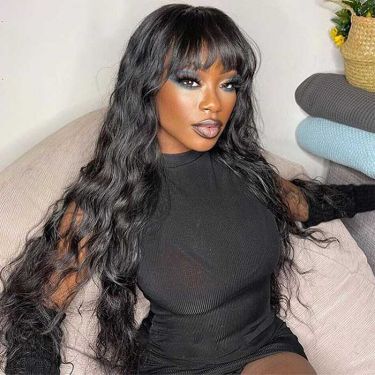 Natural Black Body Wave Lace Front Wig With Bangs Human Hair