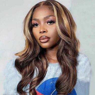Body Wave Highlights 13X4 Frontal Lace Mid Part Wig Human Hair
