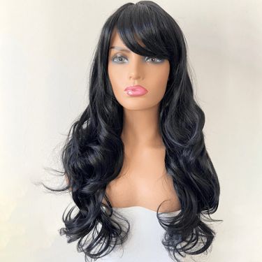 Body Wave Layered Cut #1B Human Hair Lace Front Wigs with Bangs