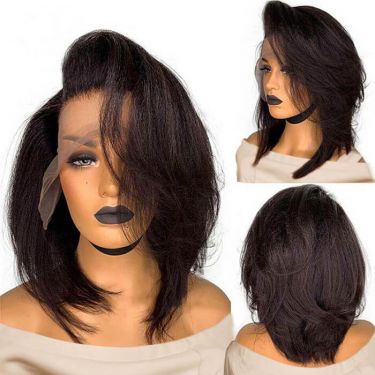 Yaki Straight Short Layered Cut Bob Wigs Lace Front Wig Human Hair Wig
