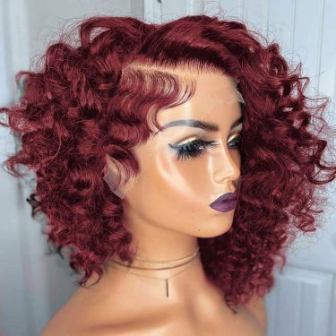 Large Cap Wigs Burgundy Pixie Cut Short Curly Bob Wig Human Hair Lace Front Wig