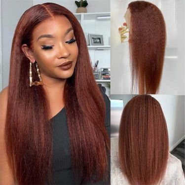 Reddish Brown Kinky Straight 13X6 Lace Front Wigs 100% Human Hair
