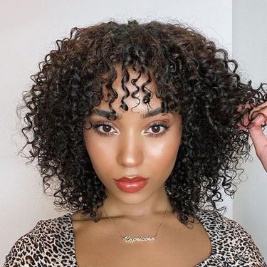 Short Curly Ombre Bob Wigs with Bangs Full Machine Made Wig No Lace Wigs