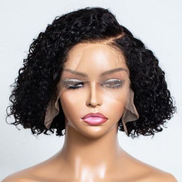 Short Curly Bob Wigs Glueless 13X4 Lace Front Wig #1B Human Hair 180% Density