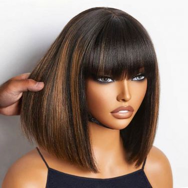 Glueless Brown Highlight Bob Wigs With Bangs 5x5 Closure Lace Wigs