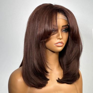 Chocolate Brown Layered Cut With Curtain Bangs 5x5 Closure Wig Human Hair