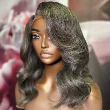 Salt and Pepper Wave Grey Human Hair 5x5 Closure Lace Wig with Side Swept Bangs