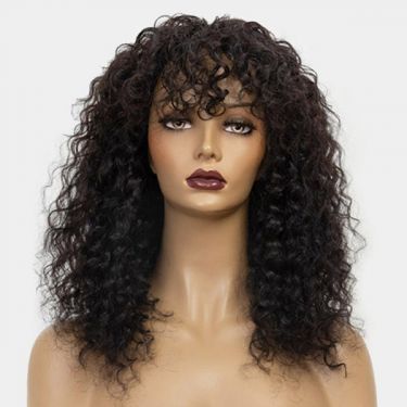 Natural Black Curly Human Hair 13X4 Lace Front Wig With Bangs
