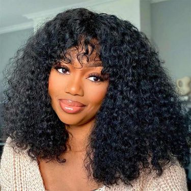Fluffy Curly Bangs Wig Jet Black Color Human Hair Lace Front Wig