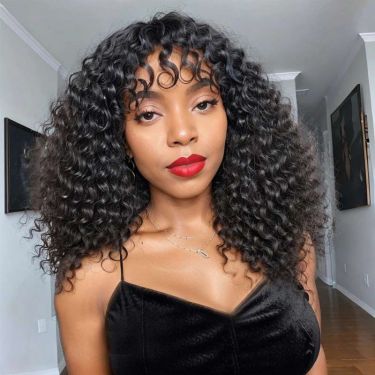 Glueless Wig Curly Human Hair 13X4 Lace Front Wig with Bangs