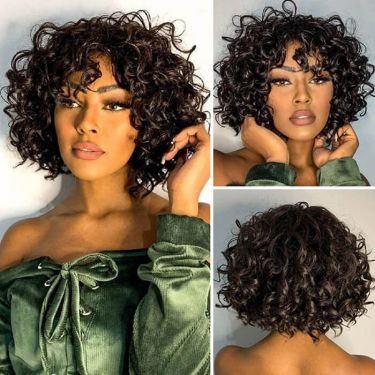 Glueless Curly Bob Wigs Human Hair Lace Front Wig with Bangs