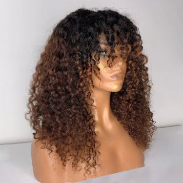 Glueless Black and Ombre Brown Bangs Curly Human Hair Lace Front Wigs