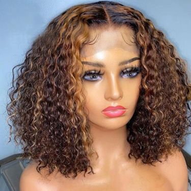 Mix Color Brown Curly Bob Wig 4x4 Lace Closure Human Hair