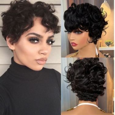 8 Inch Curly Human Hair with Side Swept Bangs Lace Front Wigs
