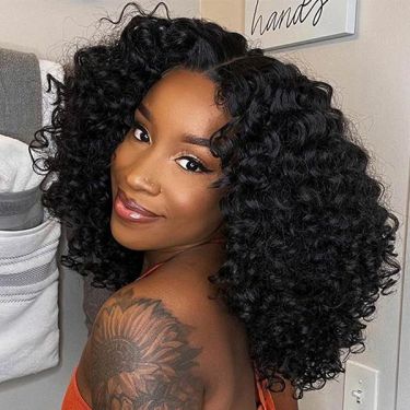 Short Curly Human Hair Bob Wig 180% Density Lace Front Wigs #1