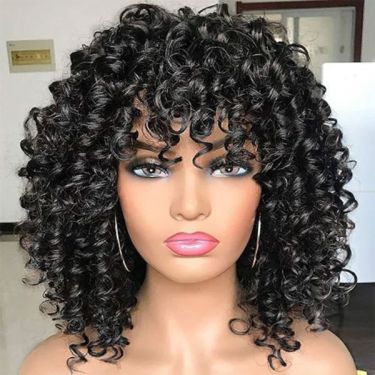 Tight Curly Fringe Glueless Short Bob Lace Wig with Bangs #1B