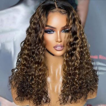 Dark Roots Highlight Honey Blonde Curly Hair Lace Front Wigs