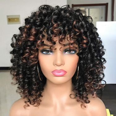 Afro Curly Wig Black with Warm Brown Highlights Wigs with Bangs