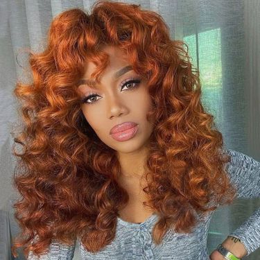 Curly Bangs Burnt Orange Lace Front Wig
