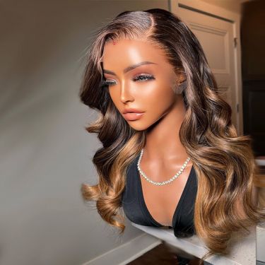 Long Side Part Wavy Caramel Blonde Highlights Lace Front Wigs 