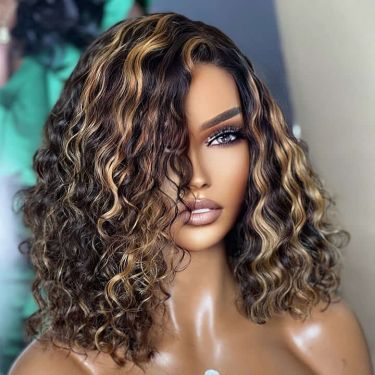Glueless Highlight Honey Blonde Curly 13x4 Lace Front Bob Wig