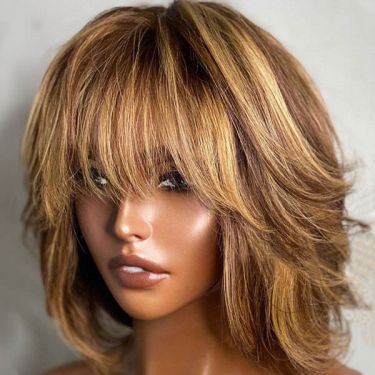 Bob with Bangs Honey Blonde with Brown Highlights Wig Lace Front Wig Human Hair