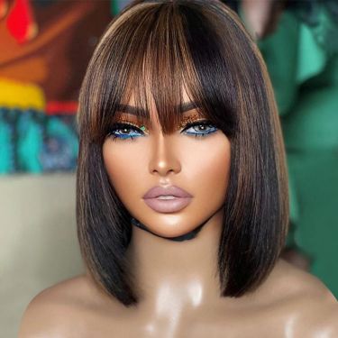 Glueless Highlight Bob Wigs With Bangs Lace Front Wig Human Hair Wig