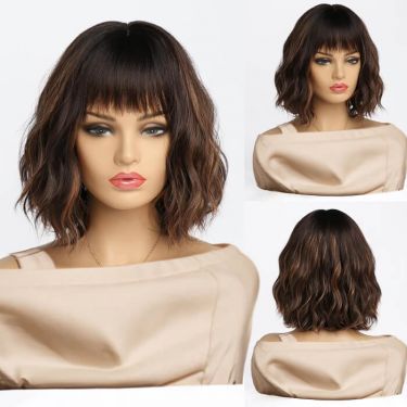 Short Wavy Brown Mixed Blonde Highlight Bob Wig with Bangs Lace Front Wig