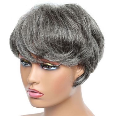 Short Salt And Pepper Grey Human Hair Pixie Cut Bob Bangs Wig Lace Front Wig