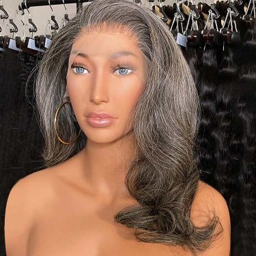 Glueless Salt And Pepper Grey Wavy Human Hair 13x4 Lace Front Wig
