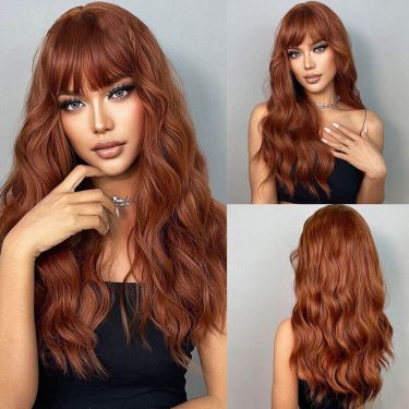 Long Wavy Auburn Red Wigs with Bangs Natural Hairs
