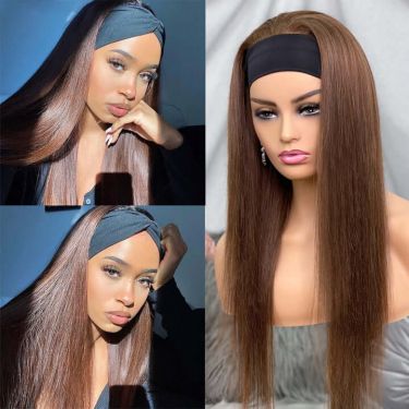 Brown Human Hair Headband Wig Brazilian Silky Straight Human Hair Wigs (get Free 5 Trendy Headband) 