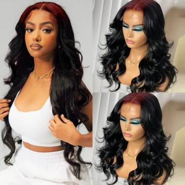  Skunk Stripe Hair Sparkle 99J Colored Roots Two-tone Hair Colors Straight 13x4 Lace Front Wig