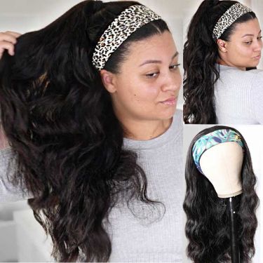Natural Black Body Wave Long Headband Wig 100% Human Hair