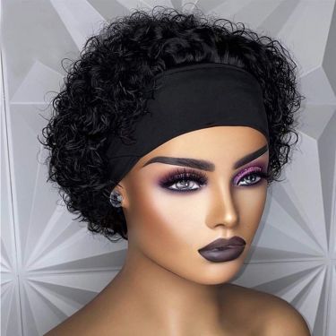 Short Curly Jet Black Pixie Cut Headband Wig 100% Human Hair