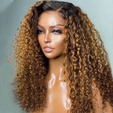 Honey Blonde Side Part Curly Human Hair Lace Closure Wigs