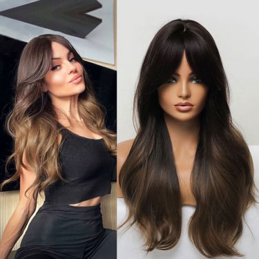 Natural Ombre Brown Wavy Hair Wig Wigs with Bangs for Women 