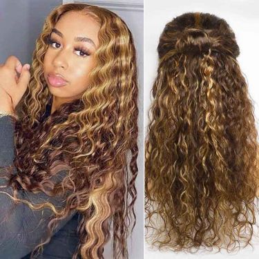 Water Wave HighLight Brown Human Hair 4x4 Lace Wigs