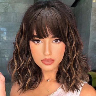 Highlight Wavy Bob Wig with Bangs Lace Front Wig