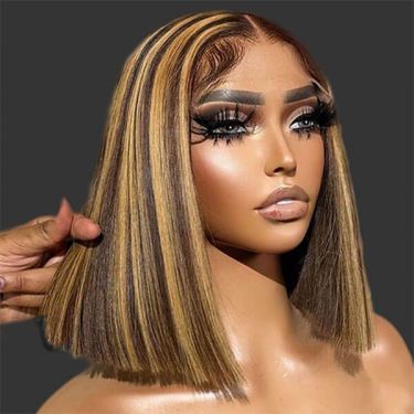 Short Straight Highlight Bob Wigs Blunt Cut 4×4 Lace wig 100% Human Hair