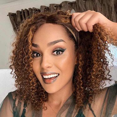 Glueless Brown with Blonde Highlight Color Curly Bob Wig 5x5 Closure Lace Wig