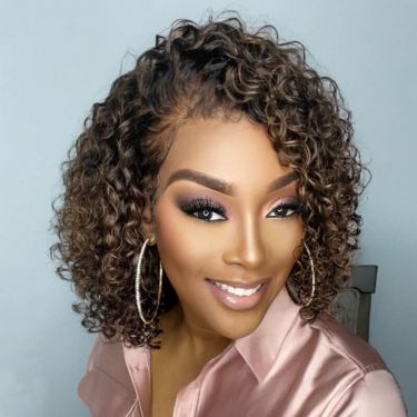 Glueless Highlights Fluffy Curly Bob Wigs Side Part Lace Front Wig Human Hair